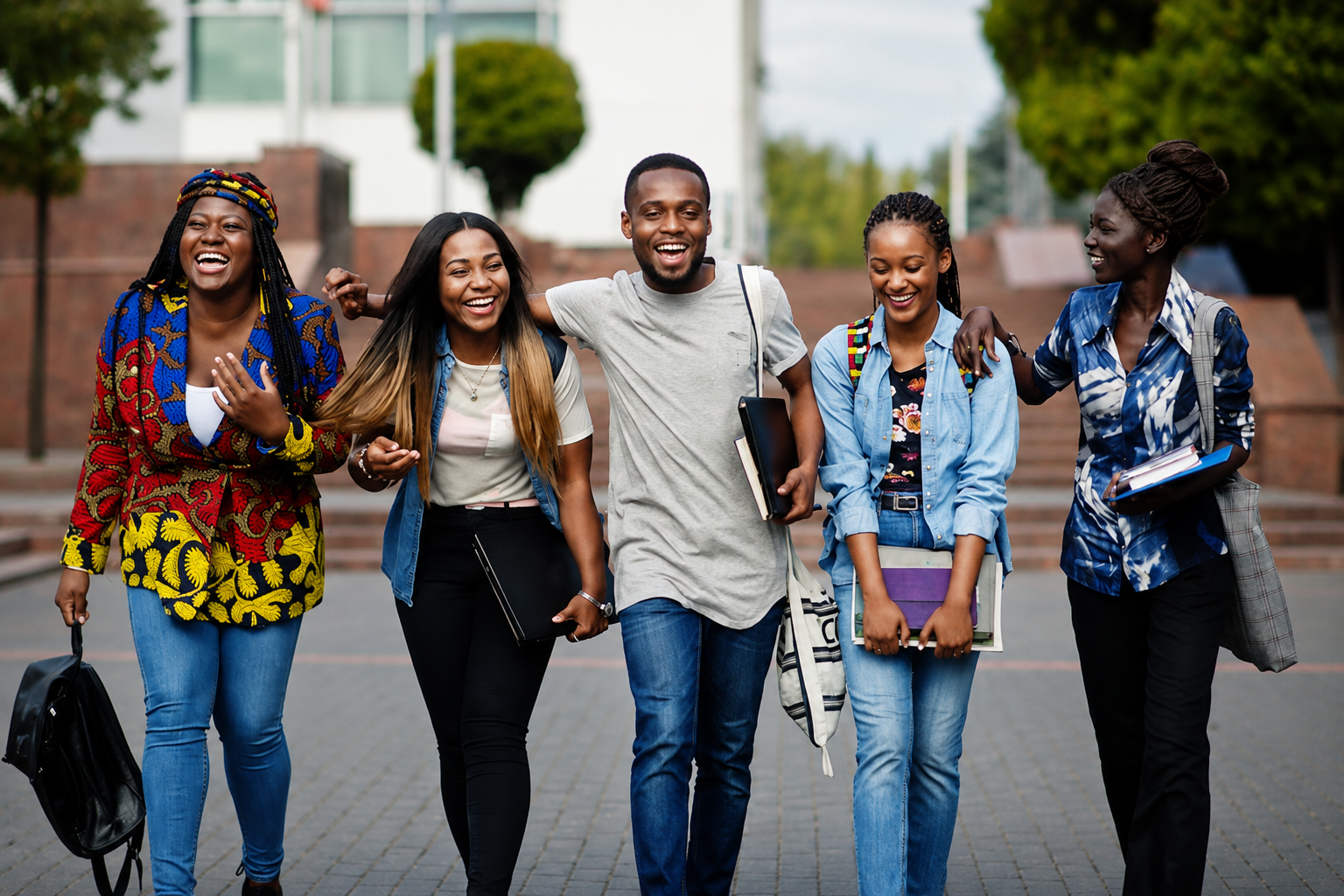 Young African students walking together on campus, smiling