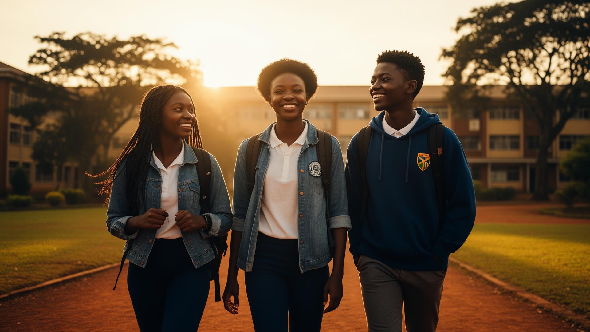 African students walking on campus at golden hour